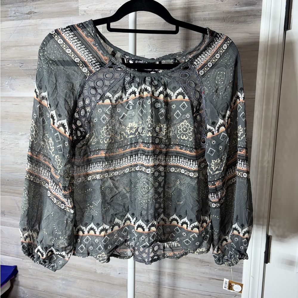 Angie Boho Gray and Cream Blouse 1013